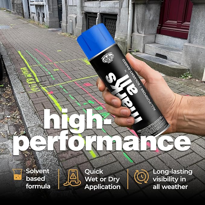 Fox Valley 18oz Marks All Solvent-Based Marking Paint Spray, 12-Pack Blue Fluorescent – Long-Lasting, Weather-Resistant Spray Paint for Wet or Dry Surfaces Like Metal, Grass, Concrete, Wood, & More