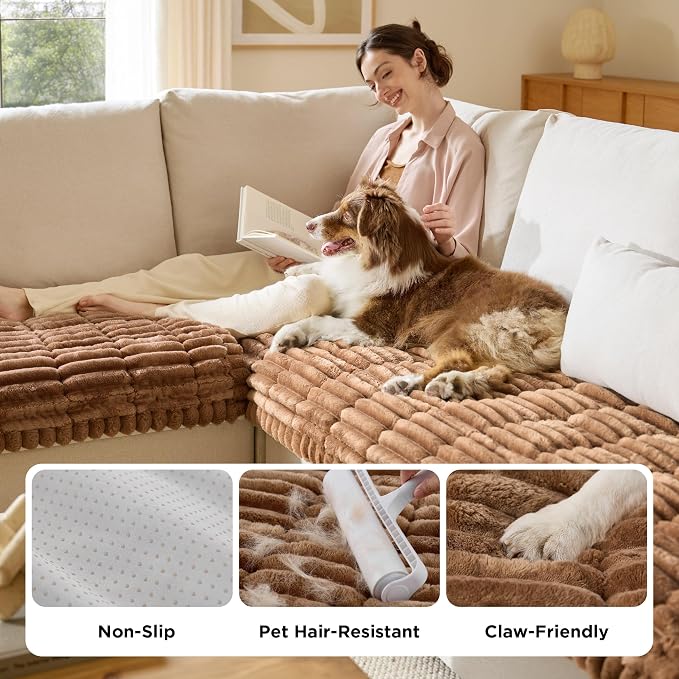 Bedsure Comfyfleece™ Sofa Cover, Couch Covers for Dogs, 27.6 x 70, Grey | Non-Slip, 300gsm Thick Quilted Padding, Ultra-Soft Corduroy Flannel, Machine Washable, for Small 3-Seater / Large Loveseat