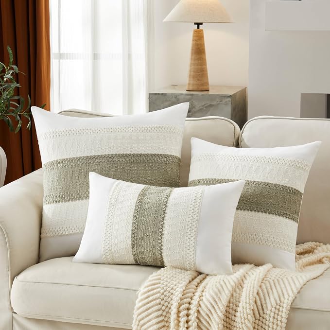 2pk Boho Pillow Covers 18x18, Natural White/Contrast/Dark Sage | 100% Organic Cotton Body, Stripe Embroidery, Farmhouse Decorative Cushion Covers for Sofa Bed Living Room Home Decor