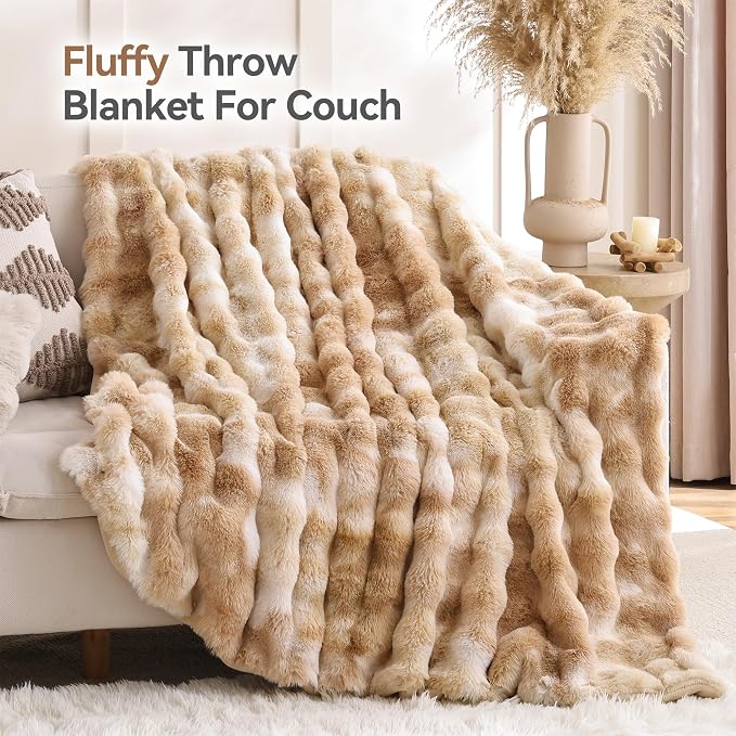 Faux Fur Throw for Couch - Tie-dye Camel Bubble Blanket 50"x60" | Fluffy Plush Fuzzy Throw for Sofa & Bed, Super Soft Cozy Comfrt Blanket, Luxury Aesthetic Camel Decor Gift for Women