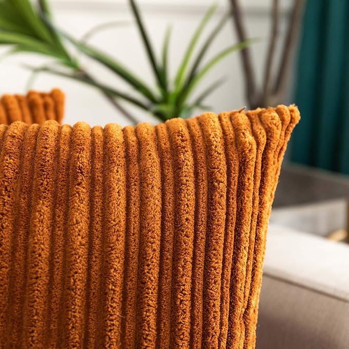UGASA Corduroy Striped Soft Soild Decorative Throw Pillow Covers Set Cushion Cases Pillowcases for Sofa Bedroom, 2 Pcs, 12x20inch, Brown