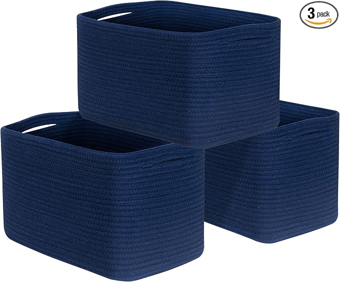 3-Pack Decorative Woven Storage Baskets for Shelves, Cube Bin Box for Organizing Books, Shoes, Dog Toys, Pantry Closet and Living Room Organizer, Navy Blue