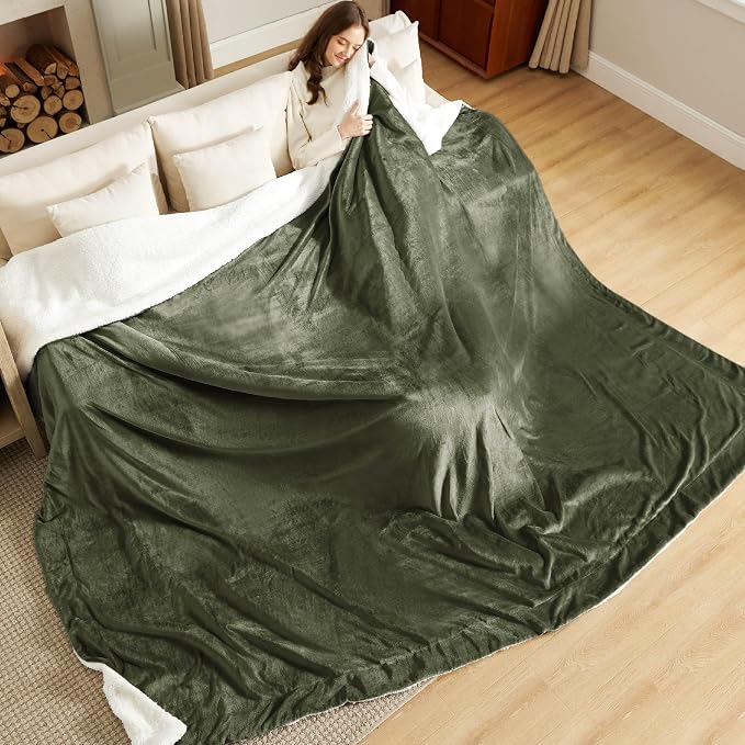 Bedsure GentleSoft Sherpa Fleece Cal King Blankets for Bed, Non-Heated, Thick and Warm Oversized Throw for Women and Men, Soft Fuzzy Plush Large Blanket for Winter, Olive Green, 112x98 Inches