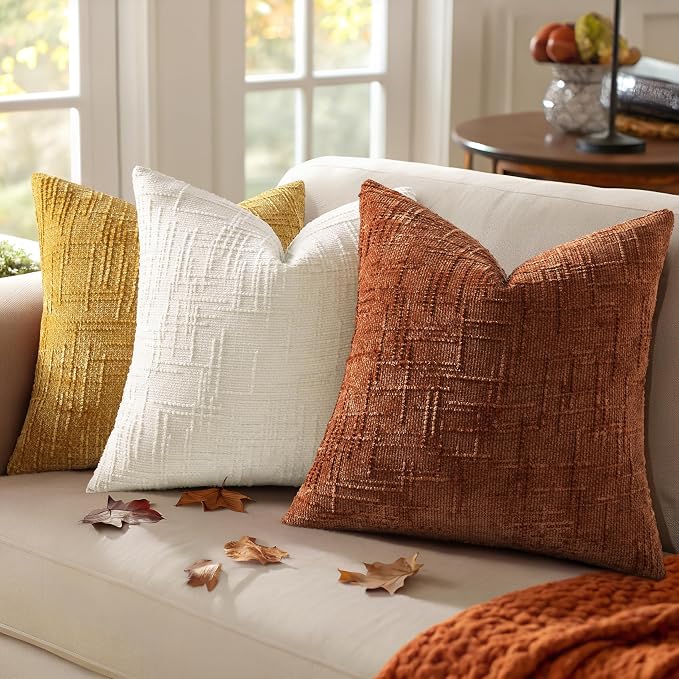 decorUhome Textured Chenille Throw Pillow Covers 16x16 Set of 2 Rust | Fall Modern Farmhouse Soft Cozy Slubby Couch Pillow Cases Boho Decorative Pillow Cases for Bed Sofa Living Room Home Decor