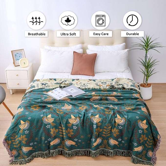 VANJOROY Boho Throw Blanket, 100% Organic Cotton Breathable Ultra Soft 80" x 90" Bed Quilt Throw - Floral Rustic Bird Farmhouse Decor Luxury Reversible Blanket for Sofa Couch Chair and Gift,Teal/Beige