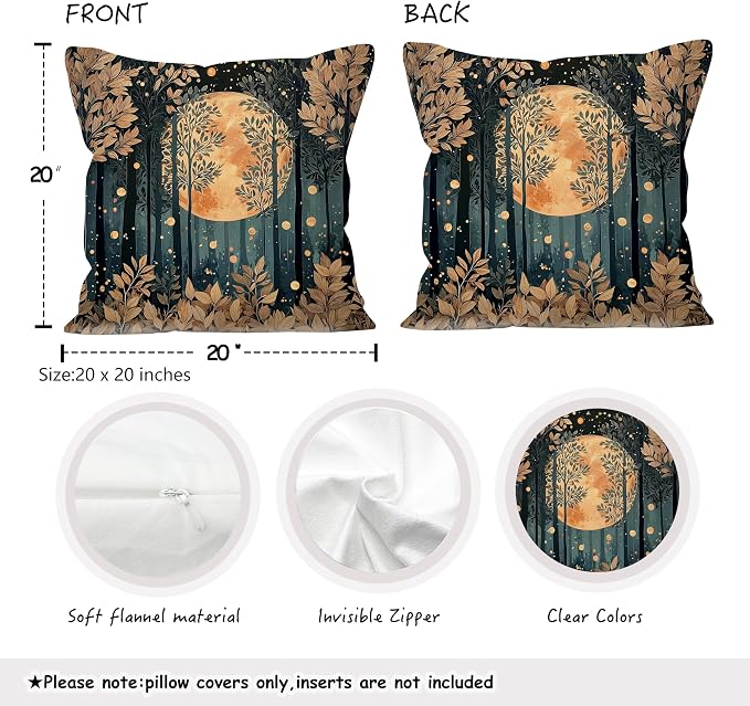 Rustic William Morris Inspired Gold Forest Moon Pillow Covers 18x18 Set of 2,Vintage Black and Gold Moon Nature Landscape Botanical Decorative Throw Pillow Covers for Home Bedroom Living Room