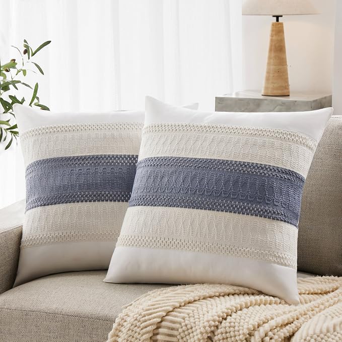 2pk Boho Pillow Covers 22x22, Natural White/Contrast/Blue | 100% Organic Cotton Body, Stripe Embroidery, Farmhouse Decorative Cushion Covers for Sofa Bed Living Room Home Decor