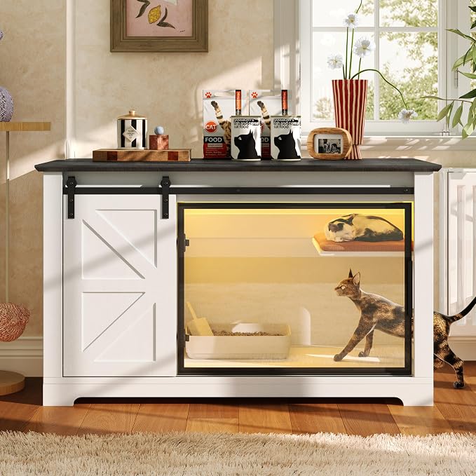 46 Inch Farmhouse Cat Litter Box Enclosure with Storage, White | App-Controlled LED Light, Sliding Barn Door, Acrylic Viewing Door, Adjustable Shelf, Dual Entry and 220 lb Top Capacity