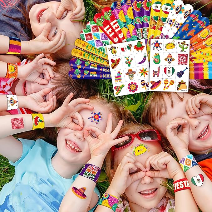 48PCS Cinco de Mayo Party Favor Set - 24PCS Temporary Pre - cut Tattoos & 24PCS Slap Bracelets - Mexican Fiesta Birthday Supplies, Baby Shower Gifts, Classroom Rewards & Party Decor for Kids