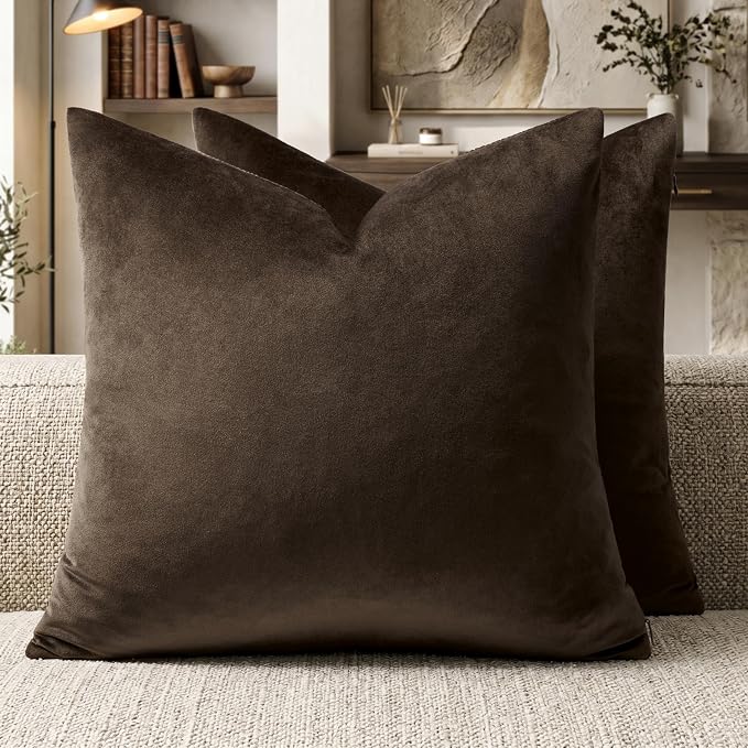 GIGIZAZA Brown Velvet Pillow Covers 18x18 Decorative Pillows Pack of 2 | Throw Pillows for Couch Sofa,280gsm Soft Textured Fabric,Modern Square Pillowcases,Luxury Cushion Covers