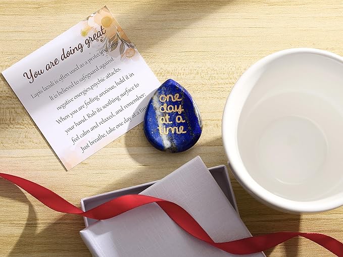 LAIDANLA Worry Stone for Anxiety Lapis Lazuli Healing Crystal Sensory Fidget Thumb Stones Relief Items One Day at A Time Meditation Inspirational Sobriety Thinking of You Gifts for Women Men