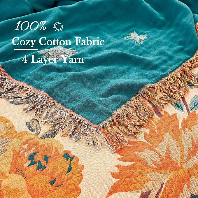 XIBLC Boho Throw Blanket for Bed, 100% Cotton Soft Rustic Quilt Fall Blanket, 80" 90" Floral Printed Farmhouse Decor Bed Blankets, All Season Rustic Reversible Bohemian Throw Quilt