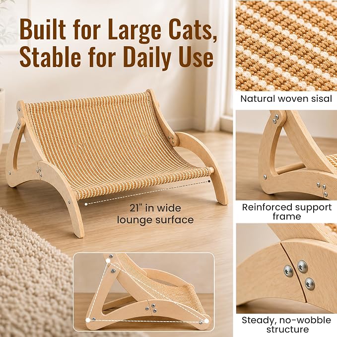 XL Sisal Cat Scratcher Bed for Large Cats|Stable Wood Cat Lounge|21x21x10 | No Cardboard Mess Woven Surface Furniture-Style Look Less Floor Clutter Daily Claw Care 2-in-1 Scratch & Rest