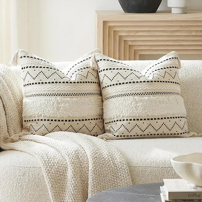 Decorative Throw Pillow Covers 18x18 Combo Set of 2 Square Boho Black Neutral Accent Pillowcase Tassels Farmhouse Cushion for Couch Sofa Bedroom Living Room Home Décor Cover ONLY