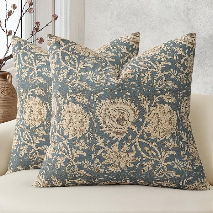 Vintage Floral Print Throw Pillow Covers 16x16 Set of 2 Neutral Modern Farmhouse Accent Decorative Cushion Covers Boho Home Decor for Couch Sofa Chair Bed Living Room, Dusty Blue
