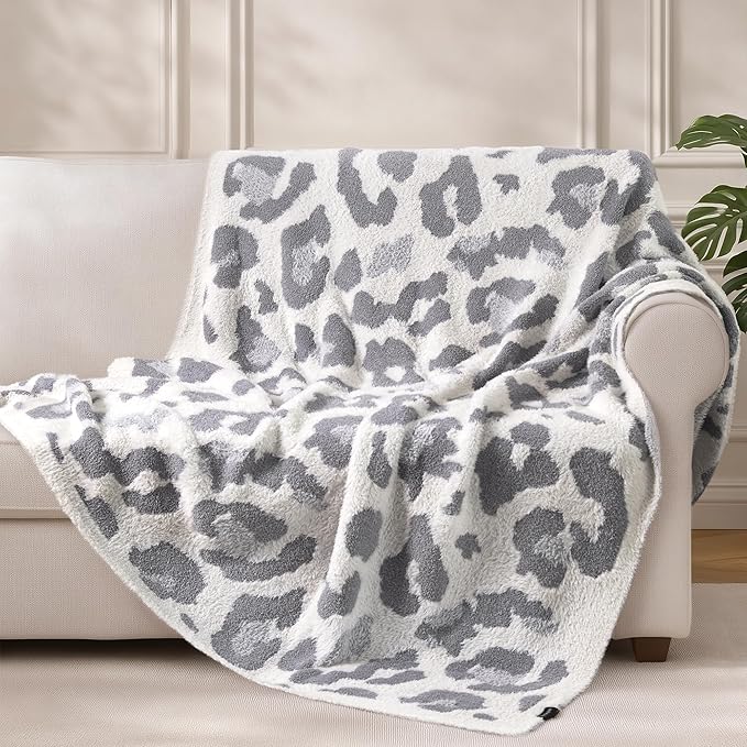 Knit Throw Blanket for Couch, Soft Cozy Fluffy Knitted Blanket for Sofa, Bed, Gift for Women Girls Home Decor (Leopard-Grey, Throw 50"x60")
