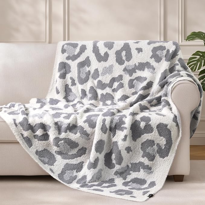 Knit Throw Blanket for Couch, Soft Cozy Fluffy Knitted Blanket for Sofa, Bed, Gift for Women Girls Home Decor (Leopard-Grey, Twin 60"x80")