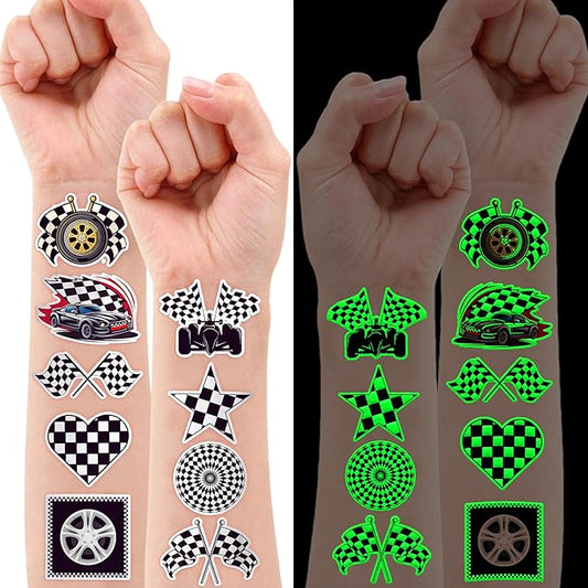 96 PCS Funny Race Car Checkered Flag Glow In The Dark Pre-Cut Black and White Temporary Tattoos Sticker Birthday Party Decorations Supplies Favors Gifts Boys Girls (Luminous)