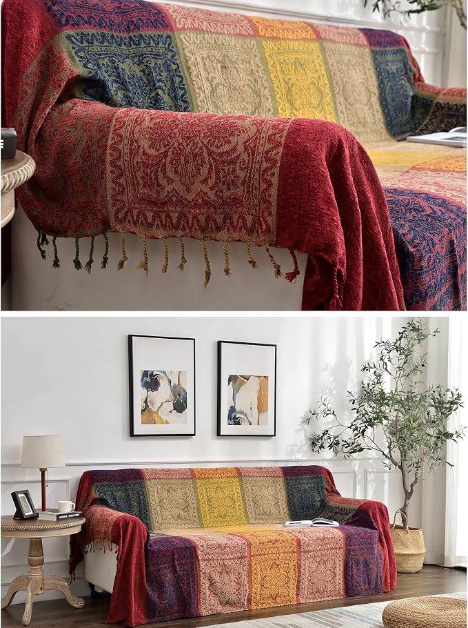 Boho Throw Blanket, Chenille Jacquard Tassels Throw Blankets for Bed Couch Soft Chair， Bohemian Fringe Tassels (Red, S:60x75