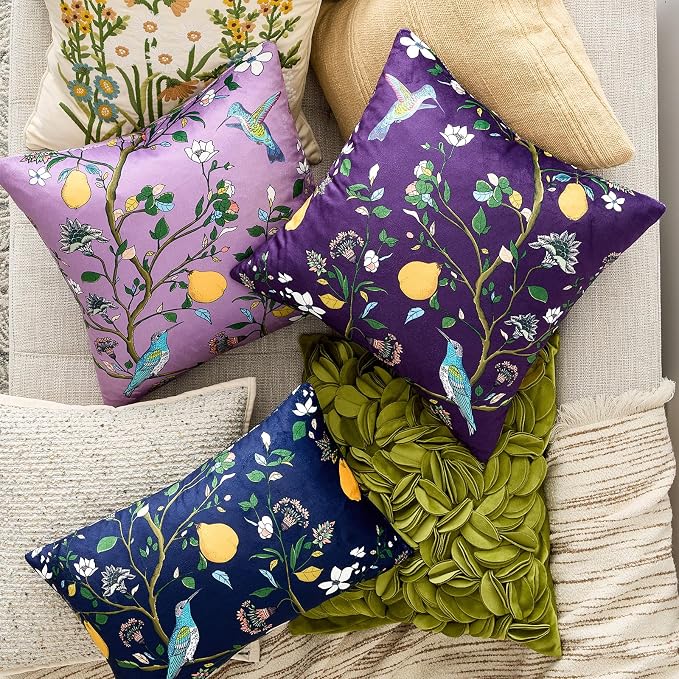 MUSSEL Purple Velvet Floral Decorative 16x16 Pillow Covers Set of 2 | Soft Durable and Sturdy,Bird Plant,Throw Pillows Case,Square,Colorful Modern Cushion Covers,Home Sofa Bed Couch Decor
