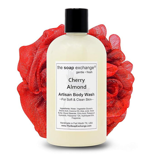 The Soap Exchange Body Wash - Cherry Almond Scent - Hand Crafted 12 fl oz / 354 ml Natural Artisan Liquid Soap for Hand, Face & Body, Shower Gel, Cleanse, Moisturize, & Protect. Made in the USA.