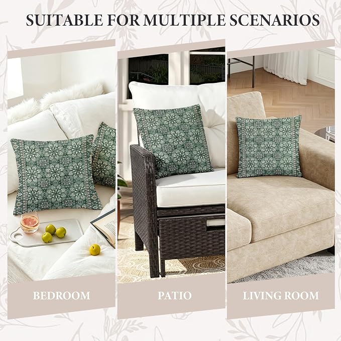 Boho Throw Pillow Covers 18x18 inch Set of 2,Soft Pillowcases Bohemia Carpet Printing Pattern Decorative Sofa Living Room Bed Square Pillow Case Cushion Cover-Green Flower
