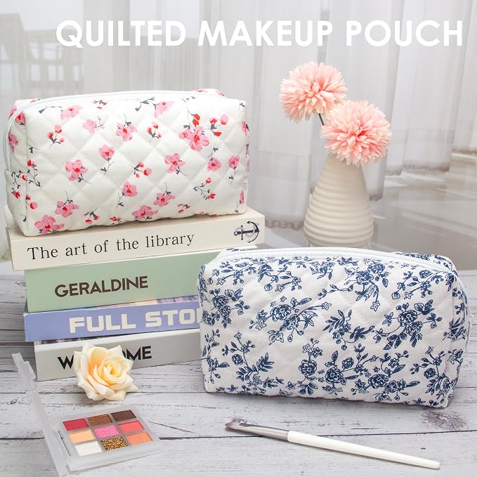 PAZIMIIK Small Quilted Makeup Bag,Zipper Cosmetic Pouch,Jouy Blue,6 Pack | Lightweight Cosmetic Bag Organizer for Women,Purse Storage Holds Makeup,Toiletries,Skincare,Beauty Essentials,Travel Items
