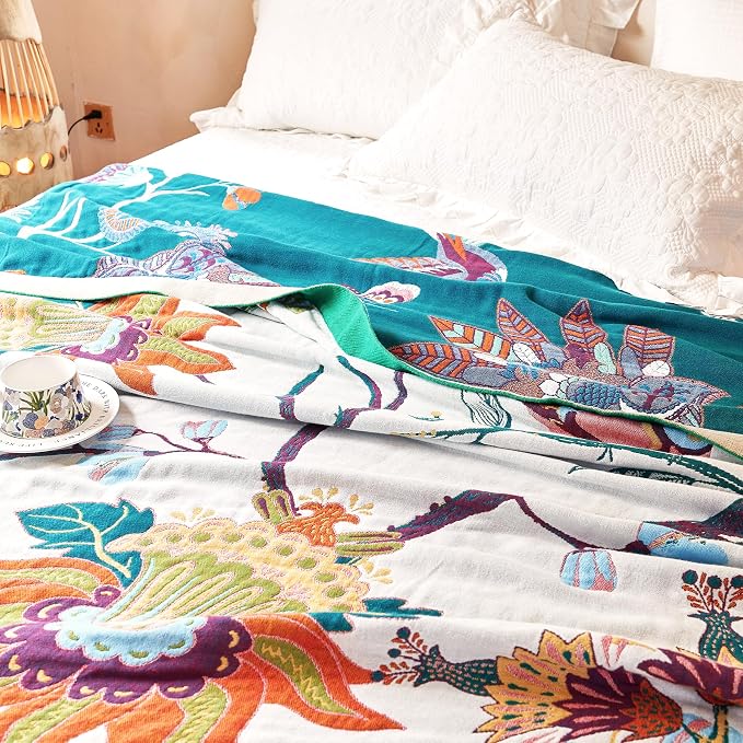 VANJOROY Boho Throw Blanket, 100% Organic Cotton Breathable Skin-Friendly Ultra Soft Bed Quilt Throw - All Season Floral Bird Farmhouse Décor Luxury Blanket for Sofa Couch Chair and Gift. 50" x 60"