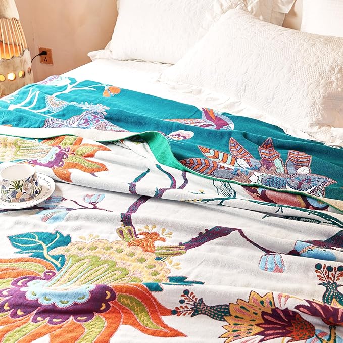 VANJOROY Boho Throw Blanket, 100% Organic Cotton Breathable Skin-Friendly Ultra Soft Bed Quilt Throw - All Season Floral Bird Farmhouse Décor Luxury Blanket for Sofa Couch Chair and Gift. 80" x 90"