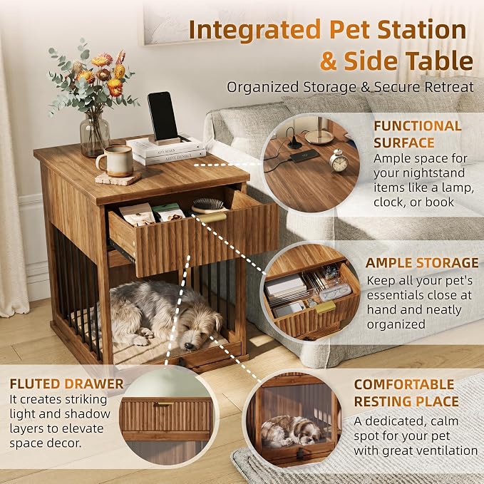 Dog Crate Furniture End Table for Small Dogs with Charging Station (Brown)