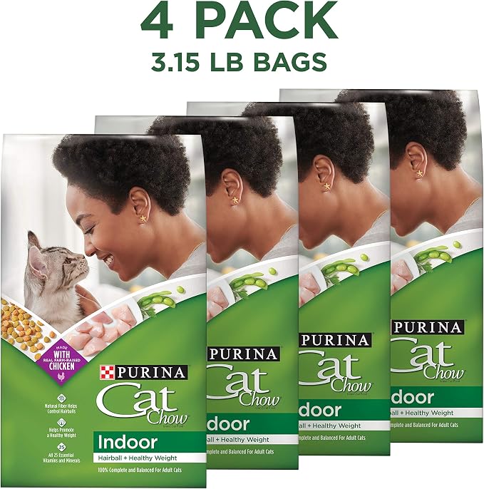 Purina Cat Chow Indoor Healthy Weight and Hairball Dry Cat Food With Chicken - (Pack of 4) 3.15 lb. Bags