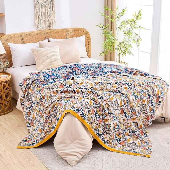 XIBLC Boho Blanket Throw Quilt, 100% Cotton Soft Light Weight Throw Blankets for Summer, 90"x98" Farmhouse Flower Decorative Blankets, All Season Rustic Reversible Bohemian Throw Quilt