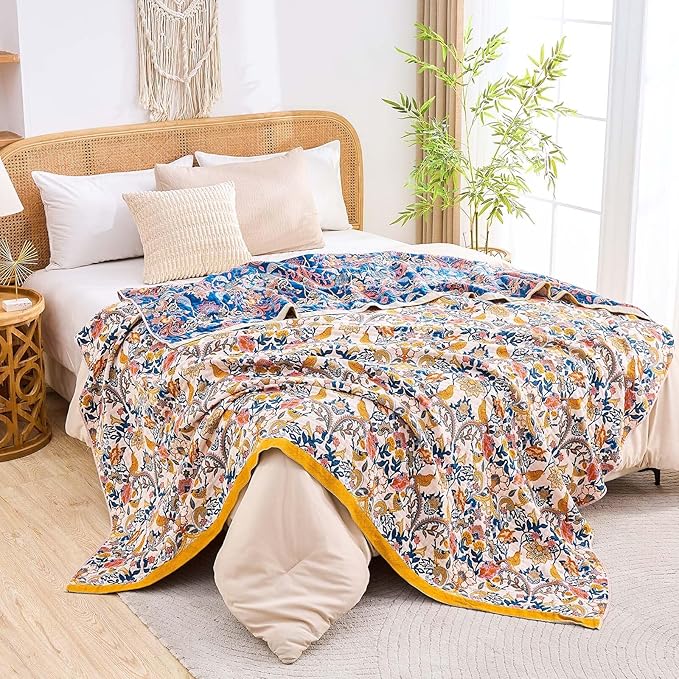 XIBLC Boho Blanket Throw Quilt, 100% Cotton Soft Light Weight Throw Blankets for Summer, 60"x80" Farmhouse Flower Decorative Blankets, All Season Rustic Reversible Bohemian Throw Quilt