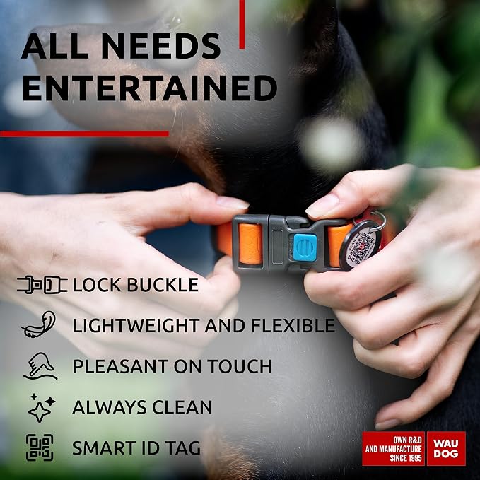 WAUDOG Waterproof Dog Collar Airtag Holder QR Tag Small Medium Large Dogs | Water and Dirt Resistant, Quick Dry QR Pet Tag Adjustable Durable Comfort for Male and Female Dogs Outdoor Walking Training