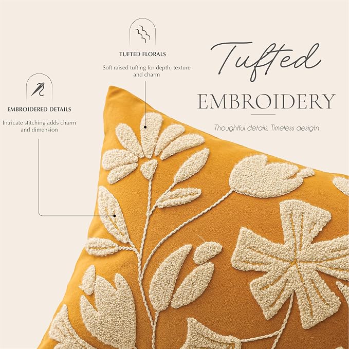 Throw Pillow Cover 20x20 Inch, Mustard Floral Tufted Velvet Decorative Accent Pillow Case for Sofa Bed Living Room, Cover Only
