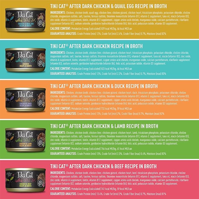 Tiki Cat After Dark Wet Cat Food, Variety Pack, 2.8 oz. Cans (12 Count) | High Protein with Organ Meat for Muscle Support, Grain-free, Supports Hydration, Non-GMO Ingredients, For All Life Stages