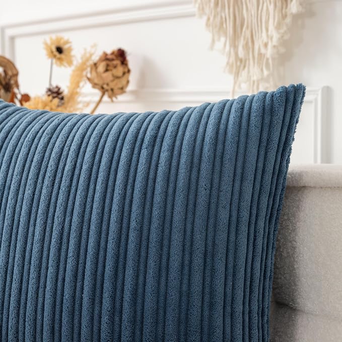 UGASA 12x24 Inch Pillow Cover Pack of 1 Soft Boho Stripe Corduroy Long Rectangular Lumbar Cushion Cover Farmhouse Decorative Throw Pillowcase for Bed, Couch, Sofa, Bedroom, Living Room, Dusty Blue