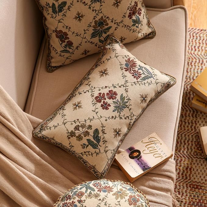 patdrea French Vintage Linen Throw Pillow Cover,12"x20",Set of 2-Audrey A | Decorative Pillow Case with Zipper,Brown Floral Pattern,Pillow Cover for Couch Living Room Bedroom Sofa