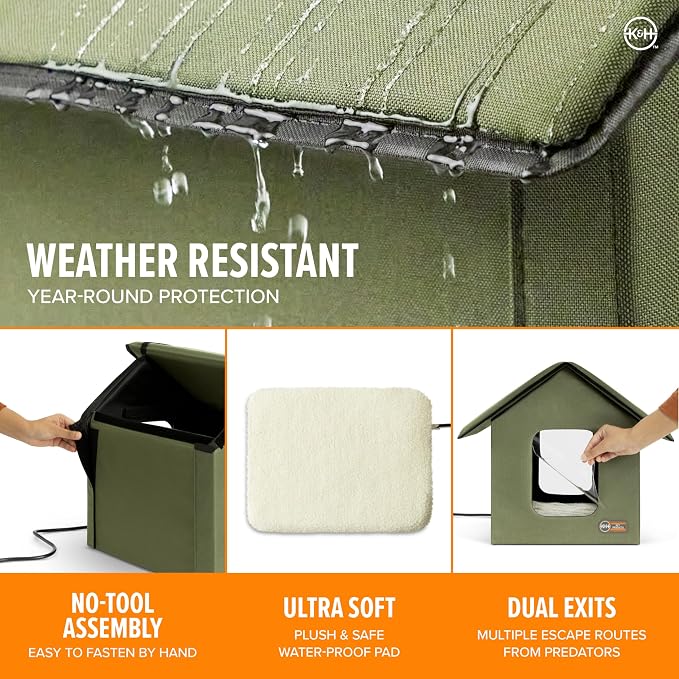 K&H Heated Cat House, Outdoor Kitty Shelter, Safety Listed, 20W, Olive