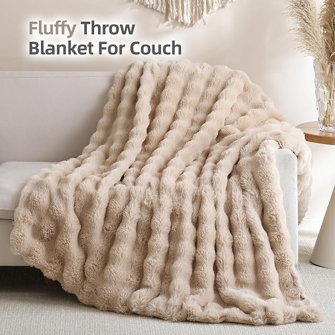 Faux Rabbit Fur Throw for Couch - Linen Bubble Blanket 50"x60" | Fluffy Plush Fuzzy Throw for Sofa & Bed, Super Soft Cozy Comfrt Blanket, Luxury Aesthetic Linen Decor Gift for Women