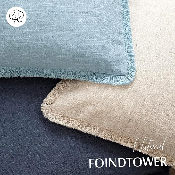 Foindtower Set of 2 Decorative Linen Fringe Lumbar Throw Pillow Covers Boho Farmhouse Cushion Cover with Tassels Soft Accent Pillowcase for Couch Sofa Bed Living Room Home Decor,12×20 Inch,Light Blue