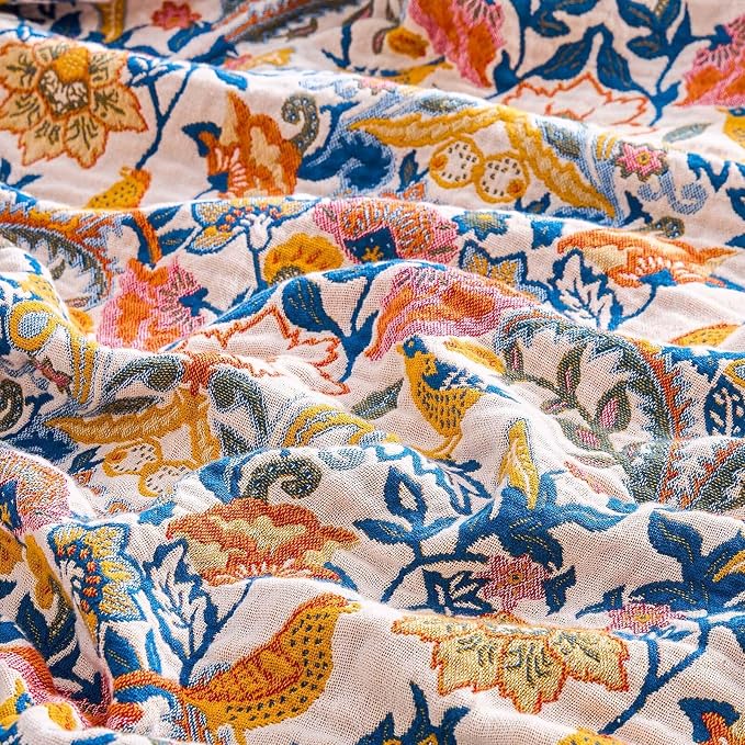 XIBLC Boho Blanket Throw Quilt, 100% Cotton Soft Light Weight Throw Blankets for Summer, 90"x98" Farmhouse Flower Decorative Blankets, All Season Rustic Reversible Bohemian Throw Quilt