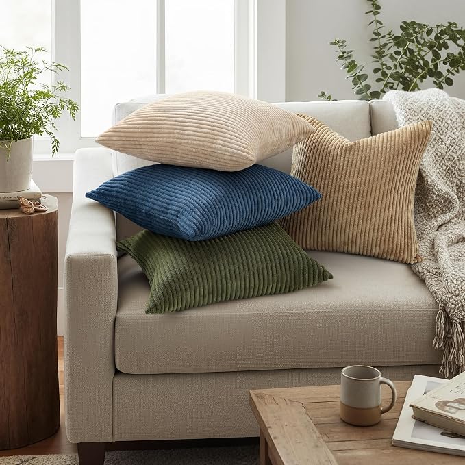 Mecatny Corduroy Fall Throw Pillow Covers 22x22 Set of 2 Olive Green | Soft Striped Texture, Hidden Zipper Design, Neutral Boho Square Pillow Cases for Sofa Couch Living Room Bedroom, Home Décor