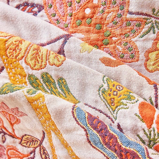 VANJOROY King Boho Throw Blanket 91" x 98", 100% Organic Cotton Breathable Skin-Friendly Ultra Soft Bed Quilt Throw - Floral Rustic Decor Luxury Reversible Blanket for Sofa Couch Chair and Gift