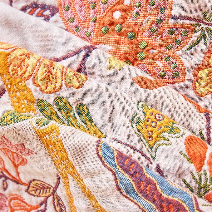 VANJOROY Boho Throw Blanket 60" x 80", 100% Organic Cotton Breathable Skin-Friendly Ultra Soft Bed Quilt Throw - Floral Rustic Decor Luxury Reversible Blanket for Sofa Couch Chair and Gift,
