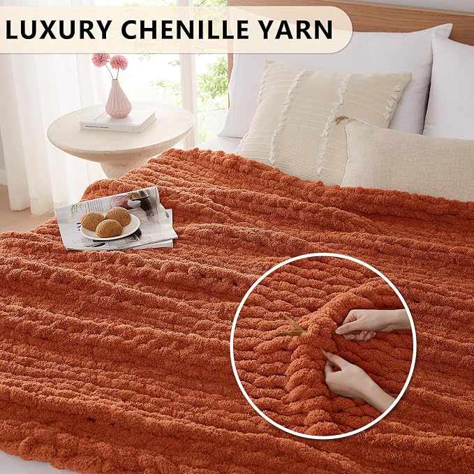 L'AGRATY Chunky Knit Throw Blanket for Couch, 60 x 80 Inches, Rusty Orange | Handmade Chenille Crochet Blanket for Sofa Bed, Thick Cable Knitted Blankets for Room Home Decor, Birthday Gift for Women Mom