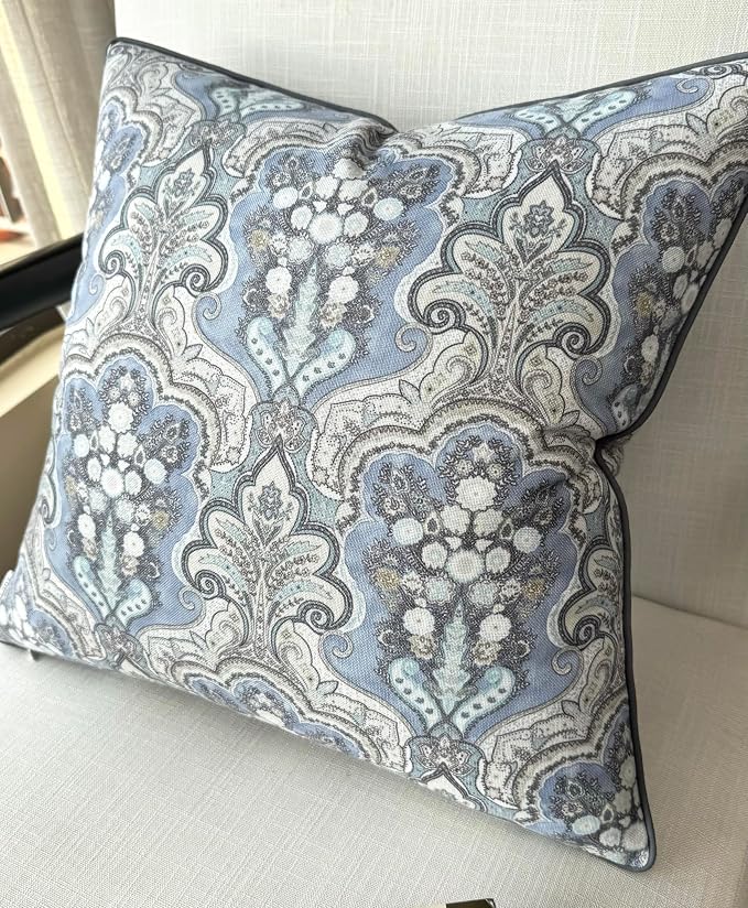 Paisley Medallion Print 20x20 Throw Pillow Cover, Blue | Blue paisley medallion on chambray slub, navy piping; both sides printed; hidden zip; cover only