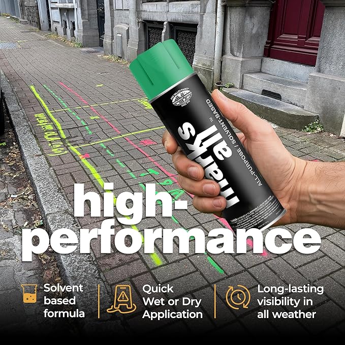 Fox Valley 18oz Marks All Solvent-Based Marking Paint Spray, 12-Pack Green APWA – Long-Lasting, Weather-Resistant Spray Paint for Wet or Dry Surfaces Like Metal, Grass, Concrete, Wood, & More