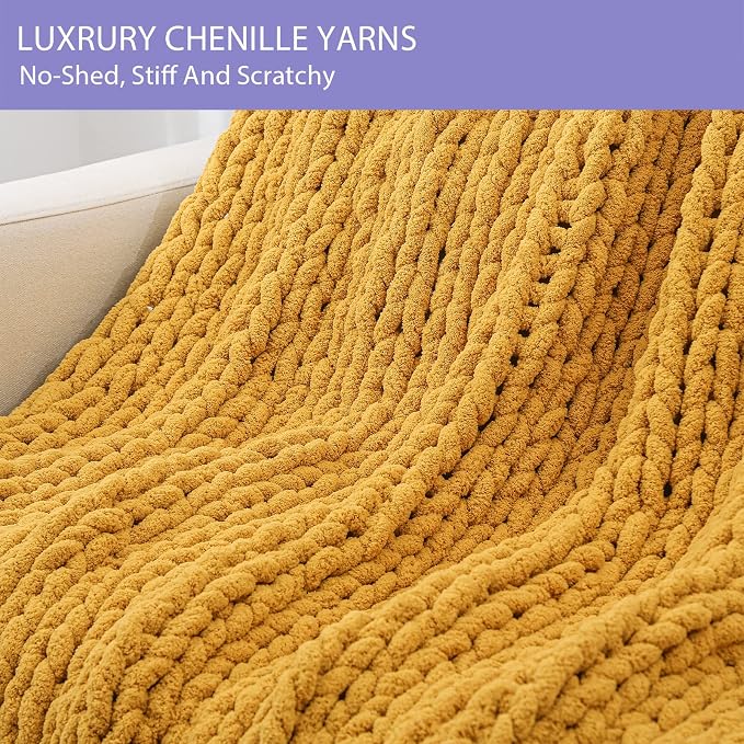Bigacogo Chunky Knit Throw Blanket for Couch, 40x60 inches, Mustard Yellow | Hand Knit with Jumbo Chenille, Soft Breathable Cable Knit for Sofa Bed Living Room, Machine Washable, Gift for Mom Friend