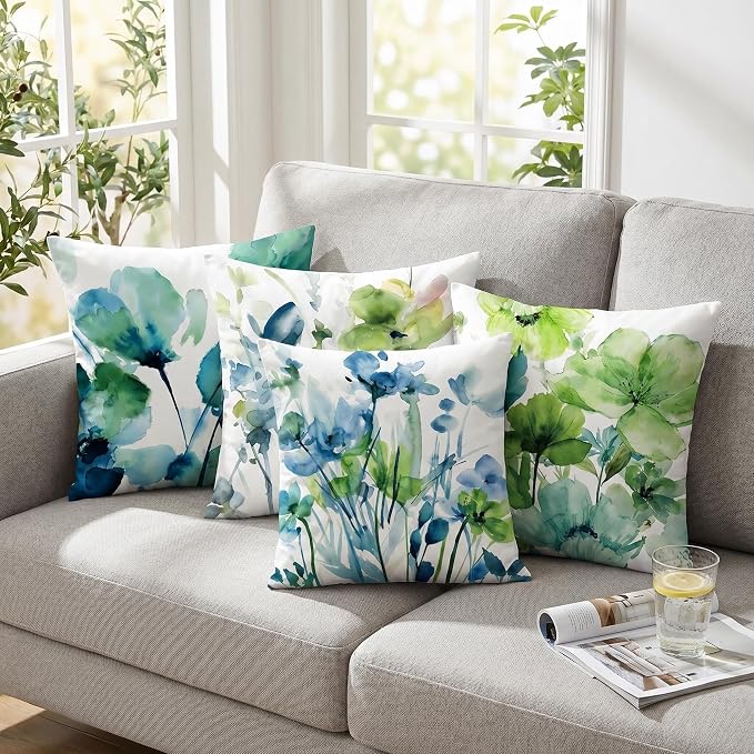 COMMINY Blue Green Linen Pillow Covers 18x18 Set 6 Floral Throw Cover | Decorative Farmhouse Flower, Breathable Linen, Standard Throw Pillow Size, Bedroom Accent Couch Sofa, Summer Decor